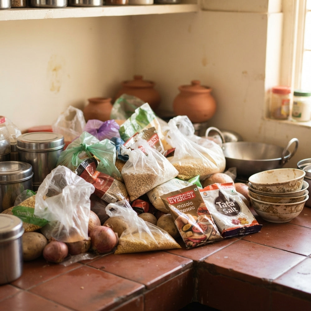 A cluttered kitchen cupboard filled with messy plastic bags and mismatched containers on a terracotta countertop.