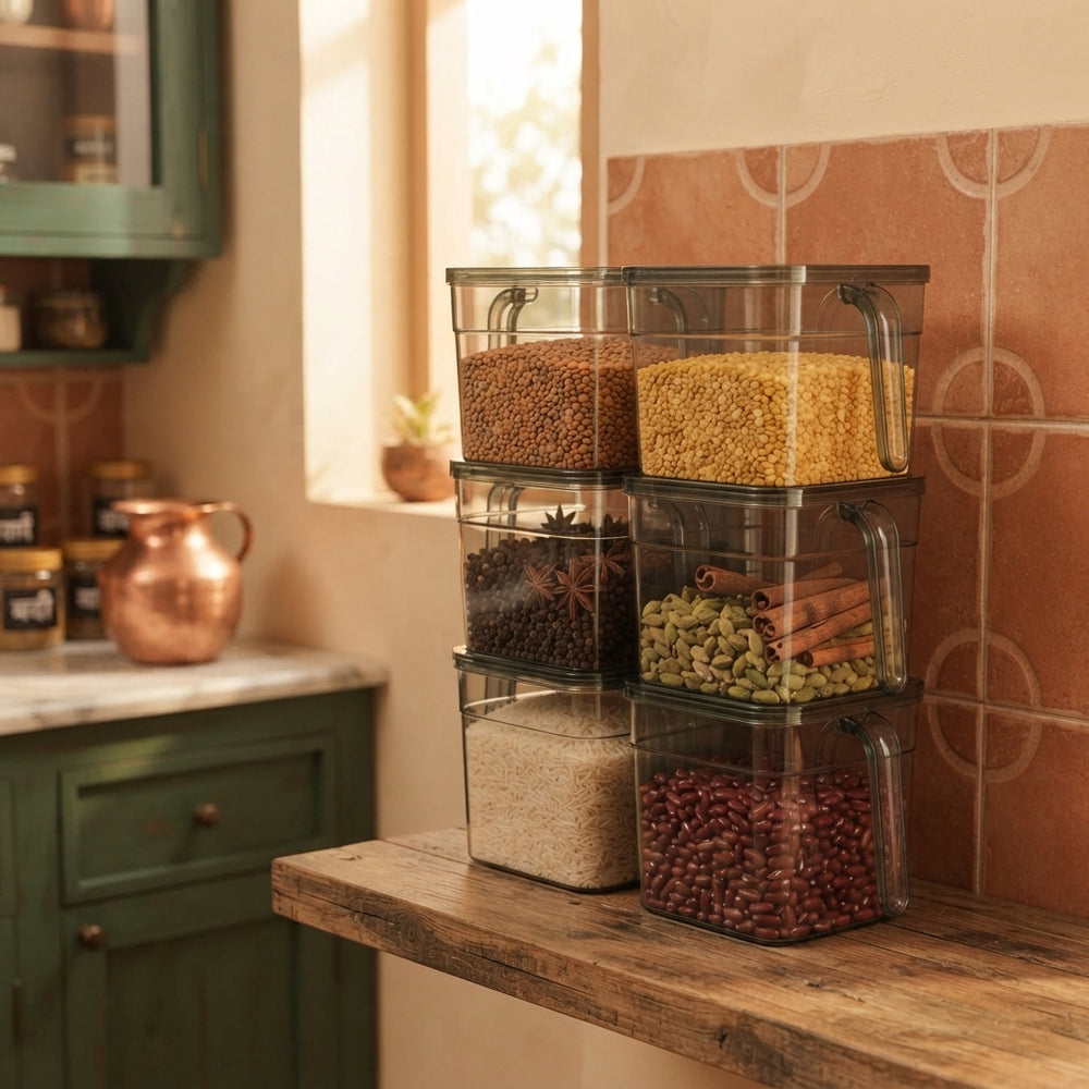 A set of FreshBox airtight food storage containers organized on a kitchen shelf filled with pantry staples.